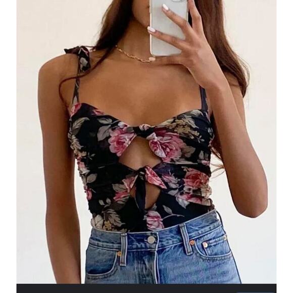 NWT Lulus Keep Blooming Black Floral Cutout Knotted Tie Mesh Bodysuit Size S - Picture 8 of 8